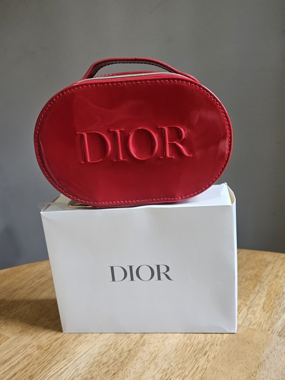 Dior Red Patent Oval Cosmetic Case with Embossed Logo New With Box